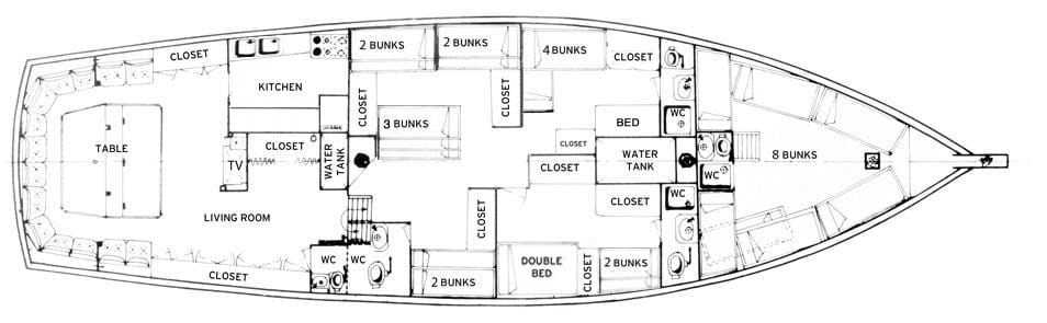 Plano de interiores atualizado quartos cabines instalações tanques camas beliches banheiros banheiros cabeças cozinha Atyla Ship Foundation