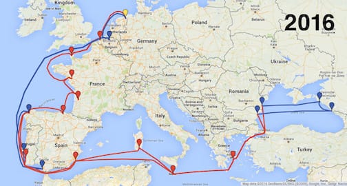 阿蒂拉船舶基金会2016年的旅行地图路线