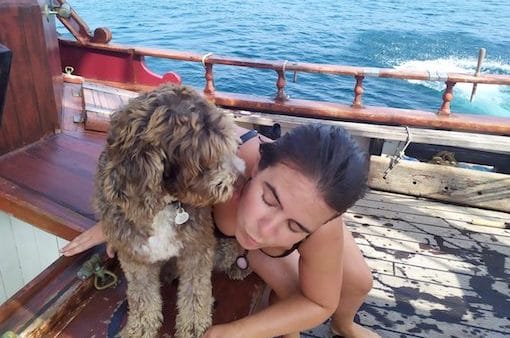 在 Atyla 船上游泳后与狗拥抱 Olivia 跳入水中游泳假期航行