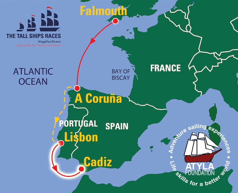 Tall Ships Races 2023 Lisbon Cadiz, Magellan Elcano 2023 Map, Atyla Ship, Regatta
