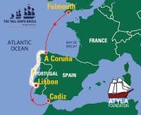 Die Tall Ships Races 2023, Coruna Lissabon, Magellan Elcano 2023 Karte, Atyla Schiff, Regatta auf Englisch