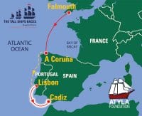 Die Tall Ships Races 2023, Lissabon-Cadiz, Magellan Elcano 2023 Karte, Atyla Schiff, Regatta auf Englisch