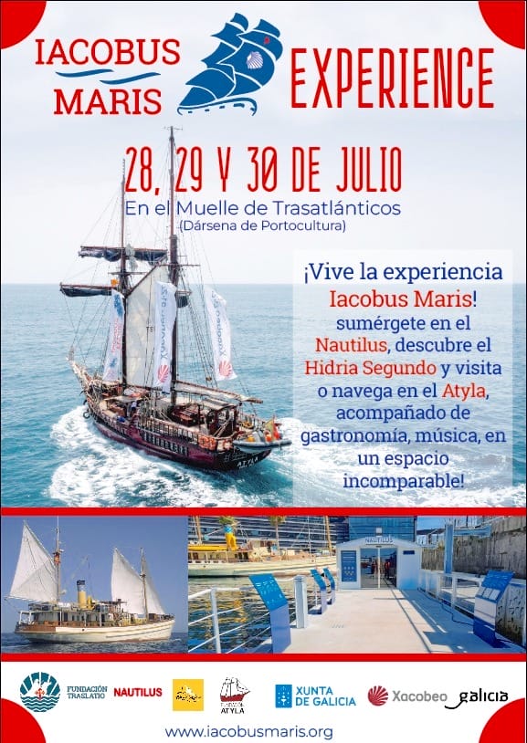 Poster Iacobus Maris Experience 2023 Vigo Maritime Festival Schiffe, Atyla, Hidria Segundo, Nautilus, U-Boot, Dock, kostenlose Besichtigungen