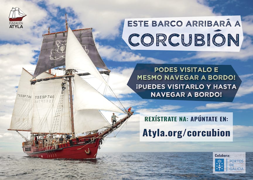 Visiteu el cartell de Corcubion Atyla, visiteu les entrades per al viatge en vela, l'exclusió, les portes obertes gratuïtes